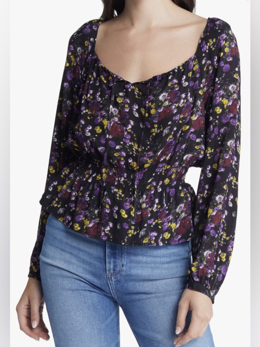 PAIGE | Black Floral Smocked Peplum Long Sleeve Soft Blouse